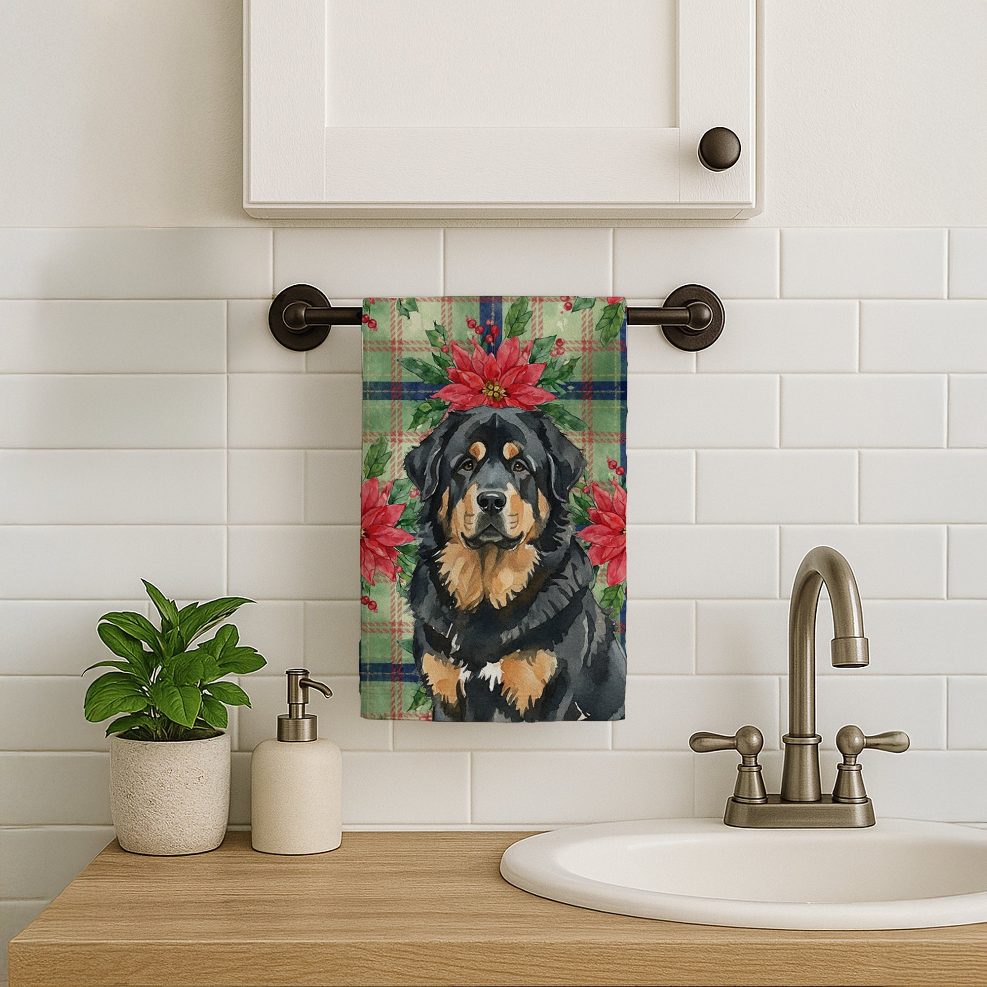 Black and Tan Tibetan Mastiff Christmas PoinsettIas Kitchen Towel Velour Plush Front and Cotton Loop Back Machine Washable