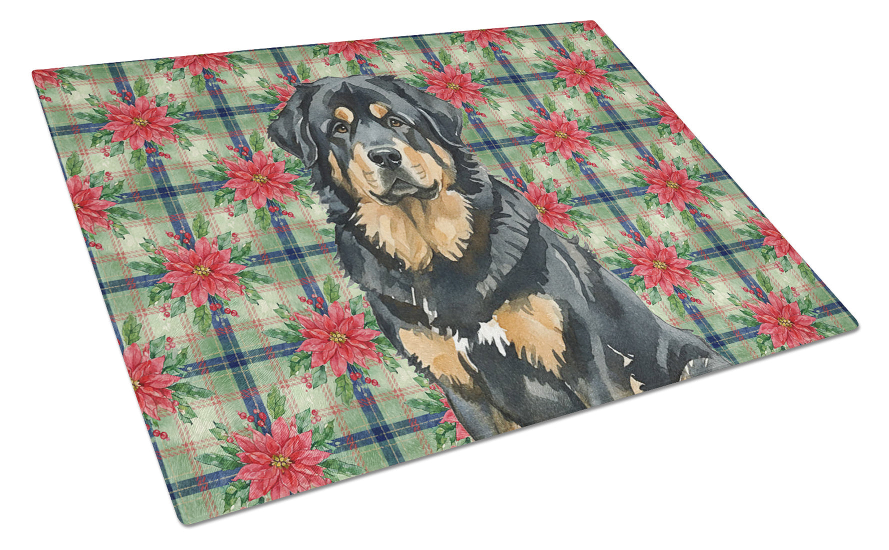 Black and Tan Tibetan Mastiff Christmas PoinsettIas Cutting Board Tempered Glass Kitchen Cutting Surface, Heat Resistant Chopping, Non-Slip Feet, Food Prep & Serving