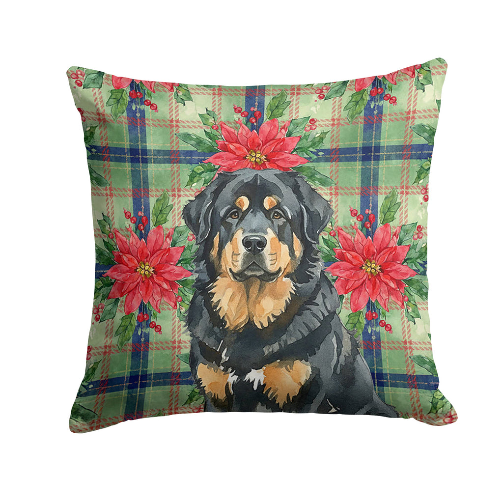 Black and Tan Tibetan Mastiff Christmas PoinsettIas Decorative Throw Pillow 14x14 Indoor Outdoor Accent Cushion, Fabric Cover with Insert for Sofa, Bed, Porch & Living Room