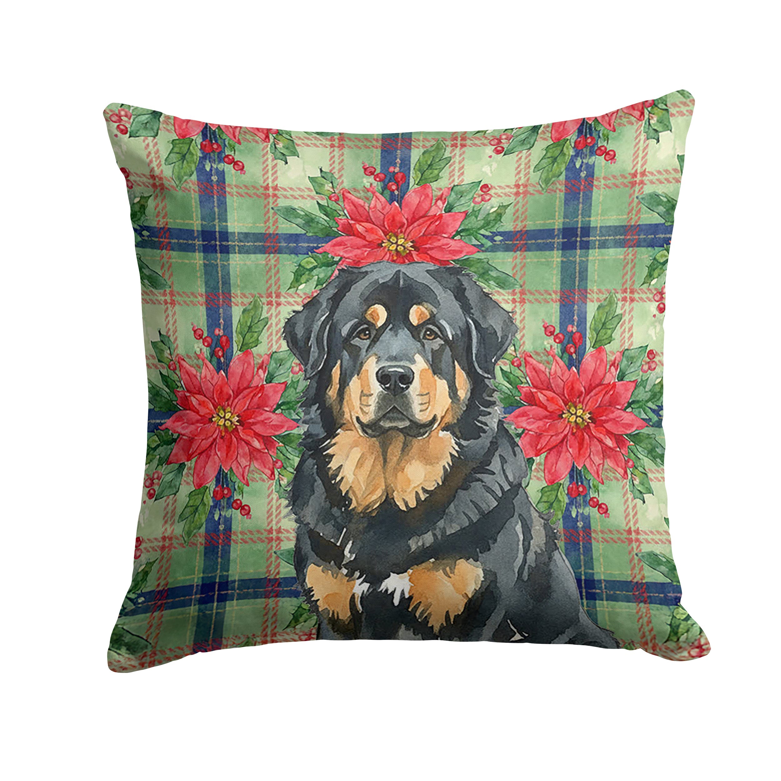 Black and Tan Tibetan Mastiff Christmas PoinsettIas Decorative Throw Pillow 14x14 Indoor Outdoor Accent Cushion, Fabric Cover with Insert for Sofa, Bed, Porch & Living Room
