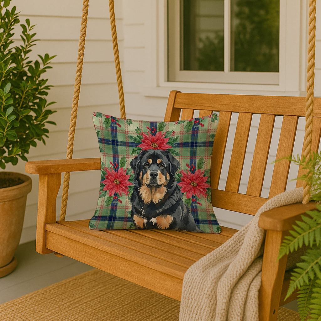 Black and Tan Tibetan Mastiff Christmas PoinsettIas Decorative Throw Pillow 18x18 Indoor Outdoor Accent Cushion, Fabric Cover with Insert for Sofa, Bed, Porch & Living Room