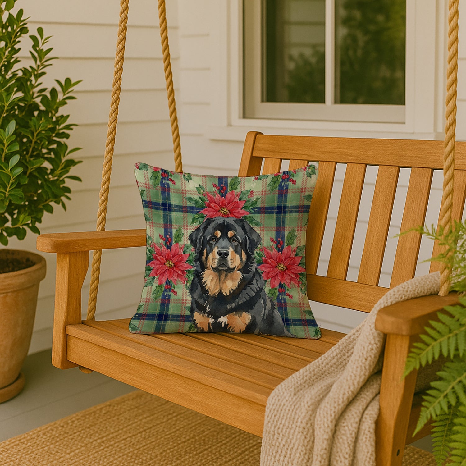 Black and Tan Tibetan Mastiff Christmas PoinsettIas Decorative Throw Pillow 18x18 Indoor Outdoor Accent Cushion, Fabric Cover with Insert for Sofa, Bed, Porch & Living Room