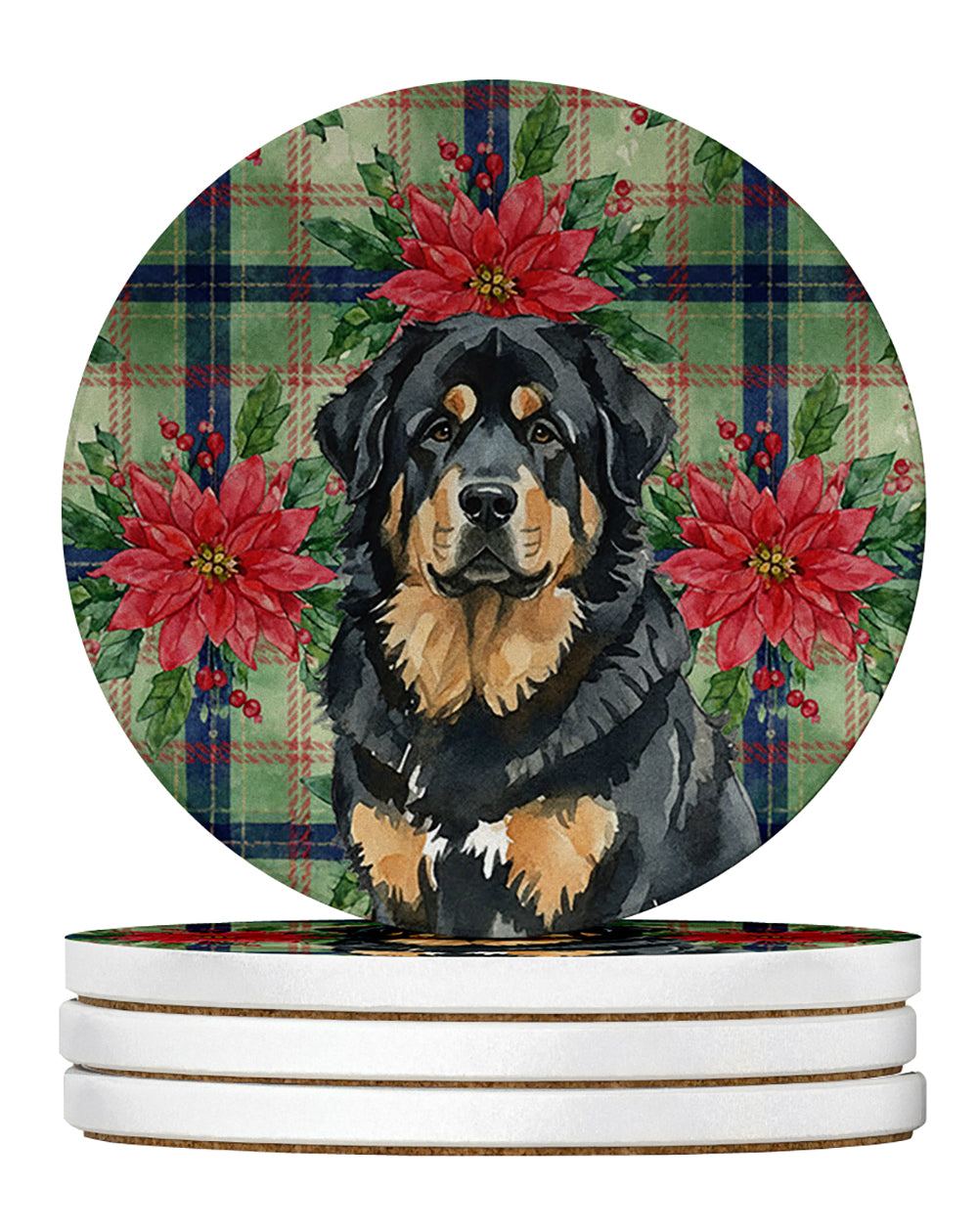 Black and Tan Tibetan Mastiff Christmas PoinsettIas Large Sandstone Coasters Pack of 4 Absorbent Round Coasters Decor Gifts for Men or Women, 4 in, Multicolor