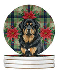Black and Tan Tibetan Mastiff Christmas PoinsettIas Large Sandstone Coasters Pack of 4 Absorbent Round Coasters Decor Gifts for Men or Women, 4 in, Multicolor