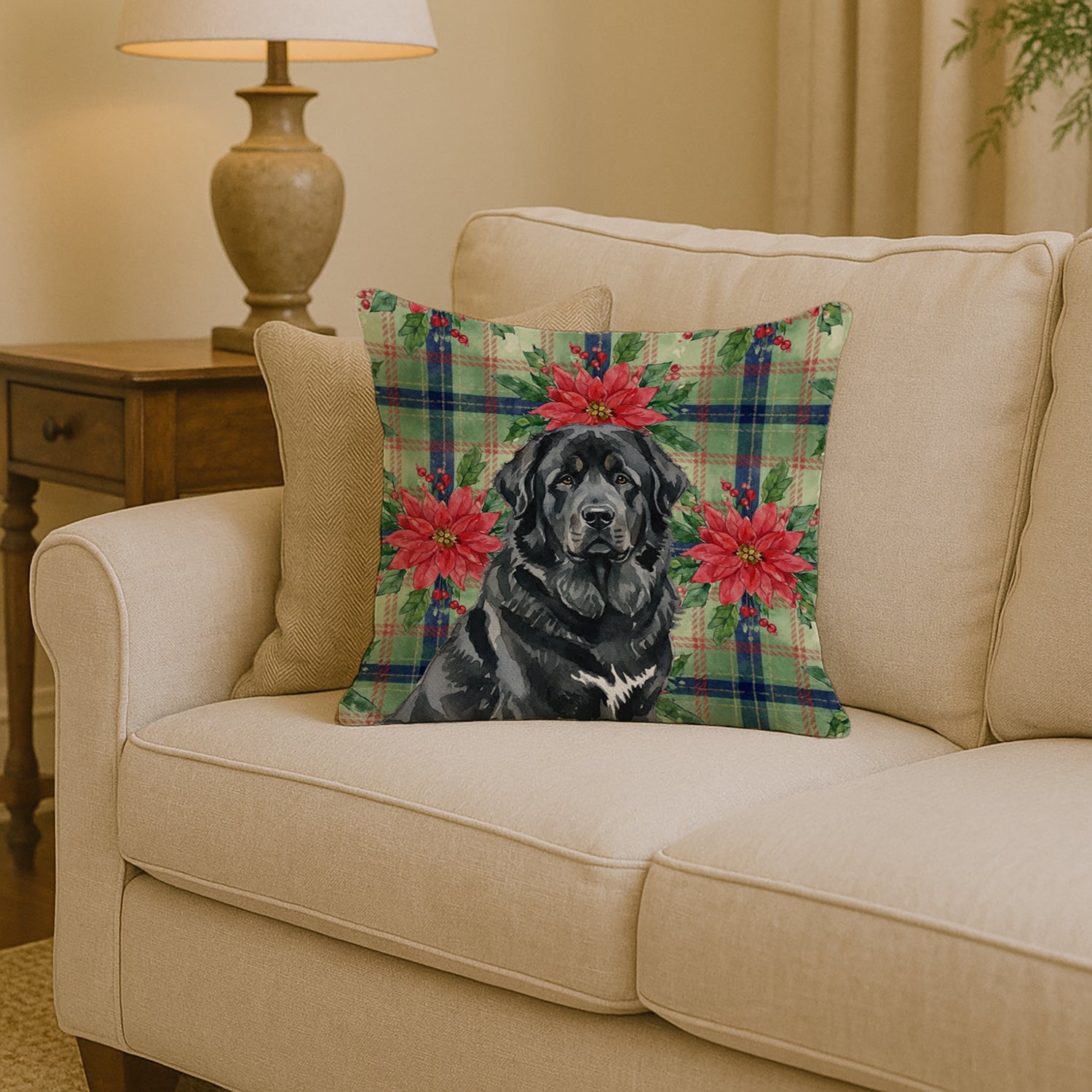 Black Tibetan Mastiff Christmas PoinsettIas Decorative Throw Pillow 14x14 Indoor Outdoor Accent Cushion, Fabric Cover with Insert for Sofa, Bed, Porch & Living Room