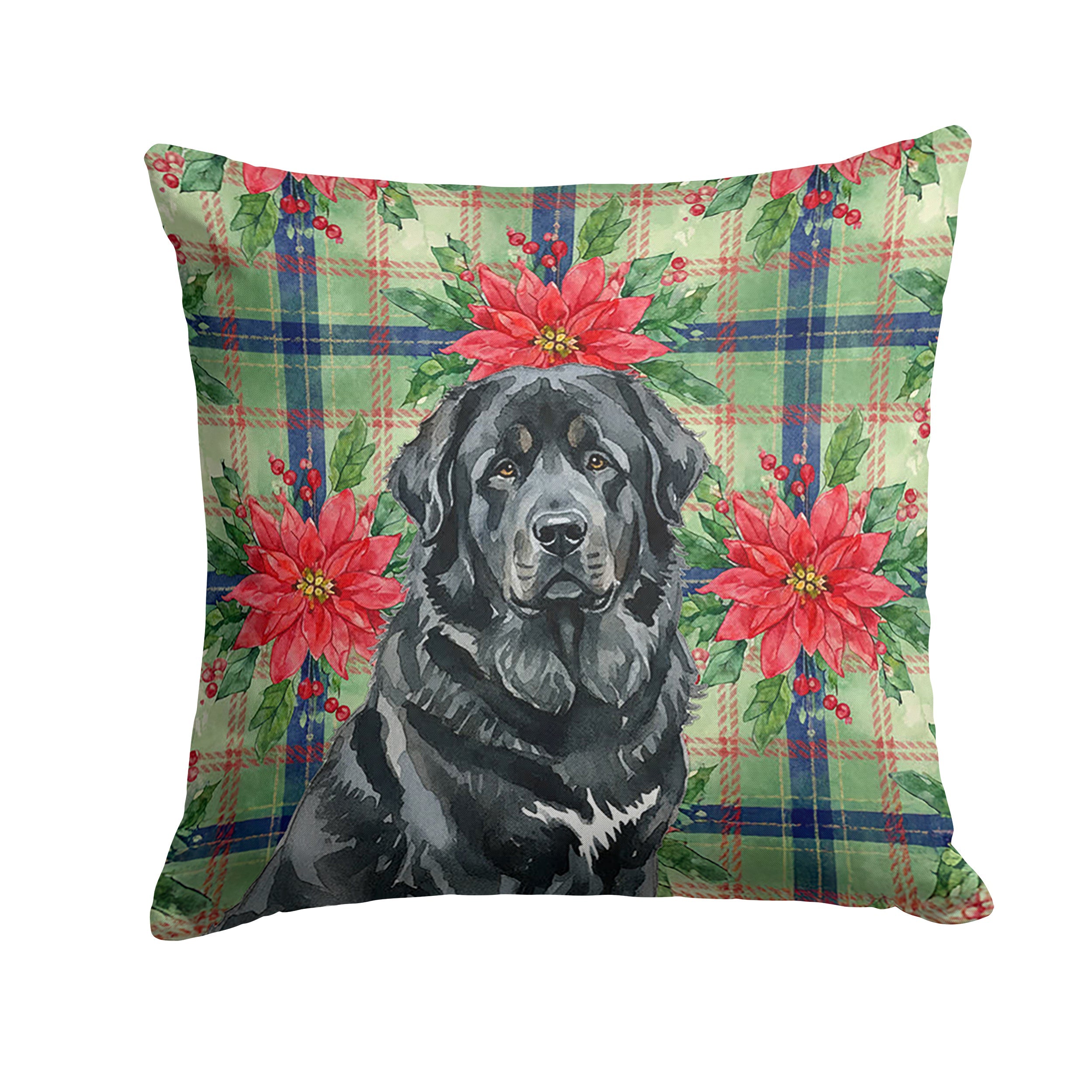 Black Tibetan Mastiff Christmas PoinsettIas Decorative Throw Pillow 18x18 Indoor Outdoor Accent Cushion, Fabric Cover with Insert for Sofa, Bed, Porch & Living Room