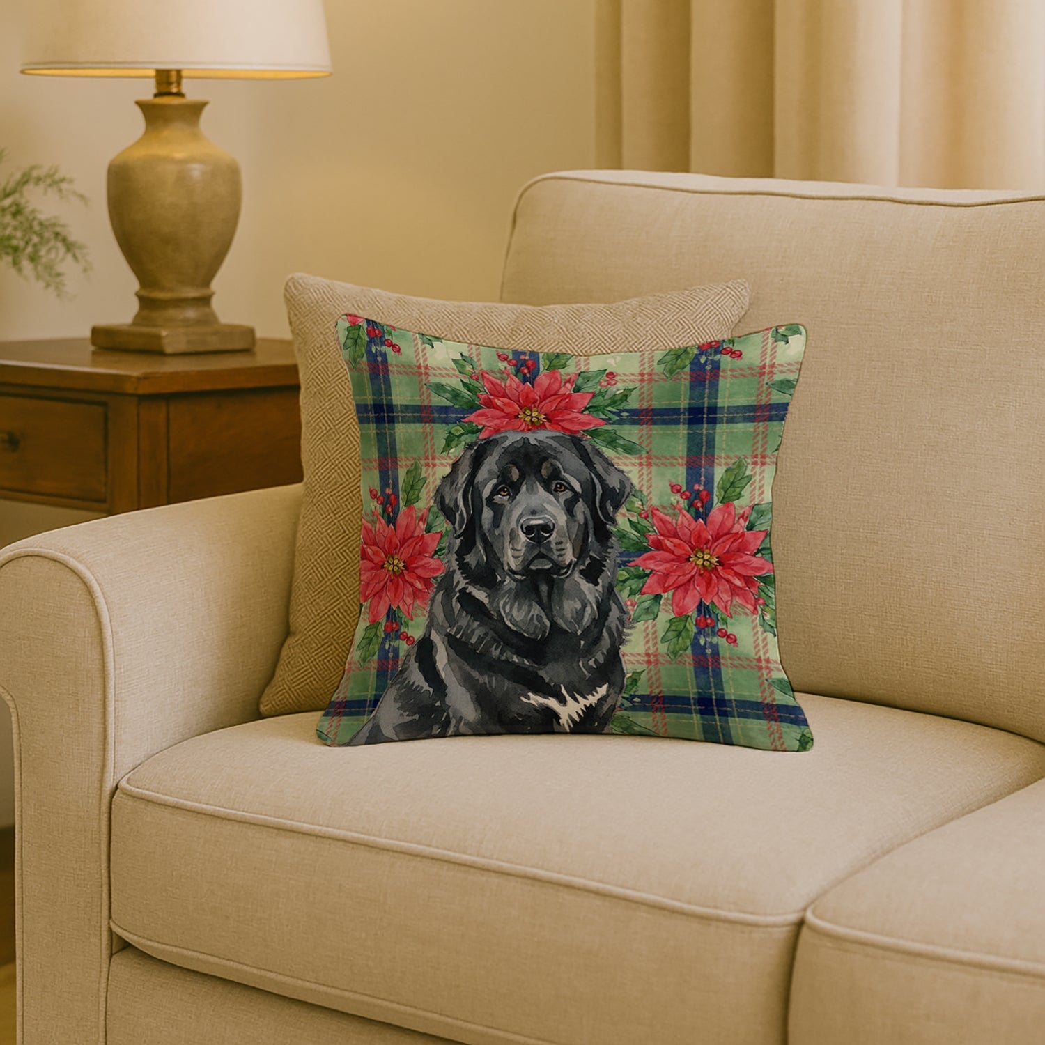 Black Tibetan Mastiff Christmas PoinsettIas Decorative Throw Pillow 18x18 Indoor Outdoor Accent Cushion, Fabric Cover with Insert for Sofa, Bed, Porch & Living Room