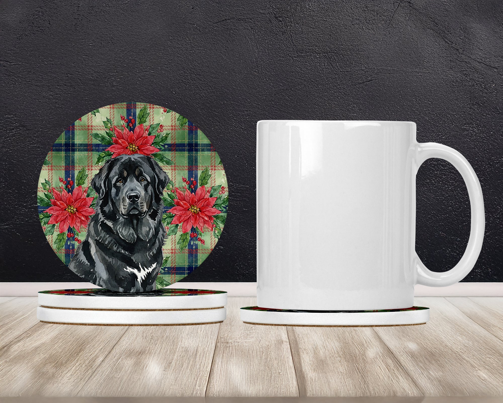 Black Tibetan Mastiff Christmas PoinsettIas Large Sandstone Coasters Pack of 4 Absorbent Round Coasters Decor Gifts for Men or Women, 4 in, Multicolor