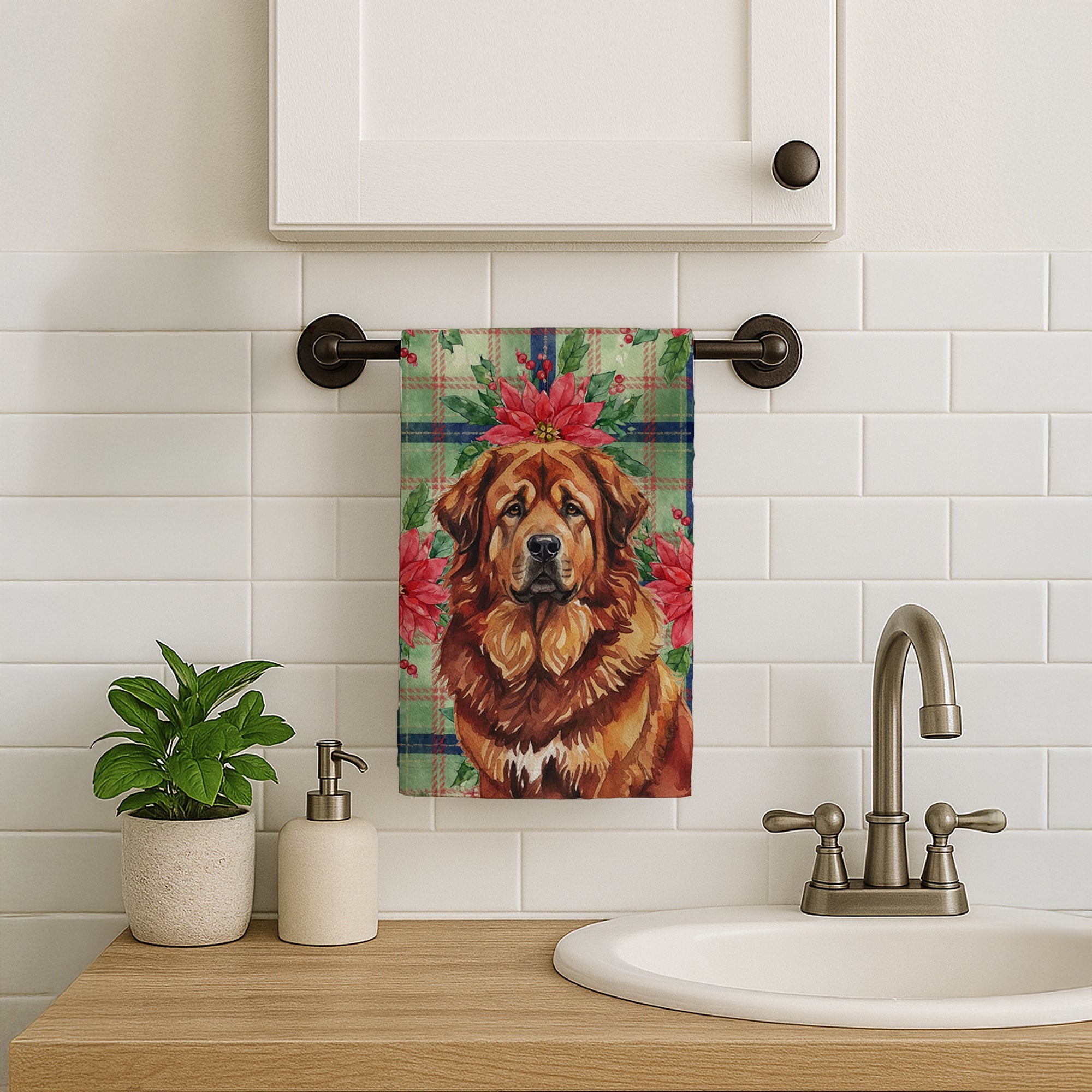 Red Gold Tibetan Mastiff Christmas PoinsettIas Kitchen Towel Velour Plush Front and Cotton Loop Back Machine Washable