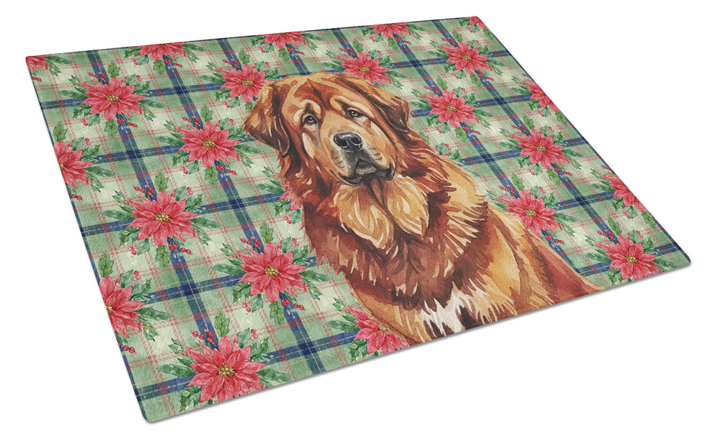 Red Gold Tibetan Mastiff Christmas PoinsettIas Cutting Board Tempered Glass Kitchen Cutting Surface, Heat Resistant Chopping, Non-Slip Feet, Food Prep & Serving