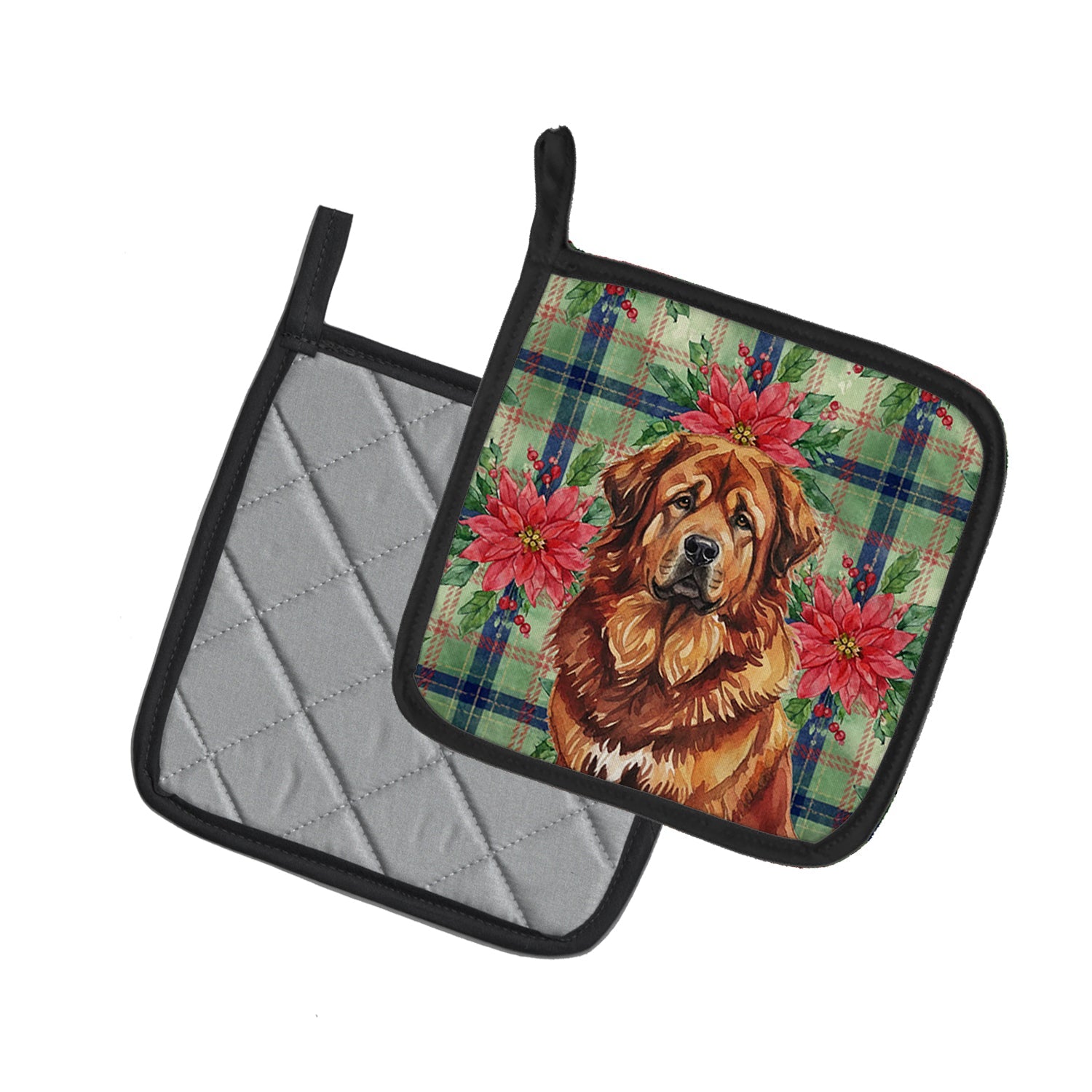 Red Gold Tibetan Mastiff Christmas PoinsettIas Pot Holder Set of 2 Heat Resistant Quilted Hot Pads 7.5 x 7.5 Inch, Insulated Kitchen Trivets for Cooking & Baking