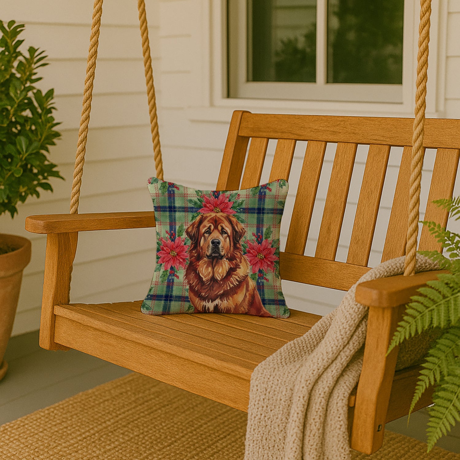 Red Gold Tibetan Mastiff Christmas PoinsettIas Decorative Throw Pillow 14x14 Indoor Outdoor Accent Cushion, Fabric Cover with Insert for Sofa, Bed, Porch & Living Room