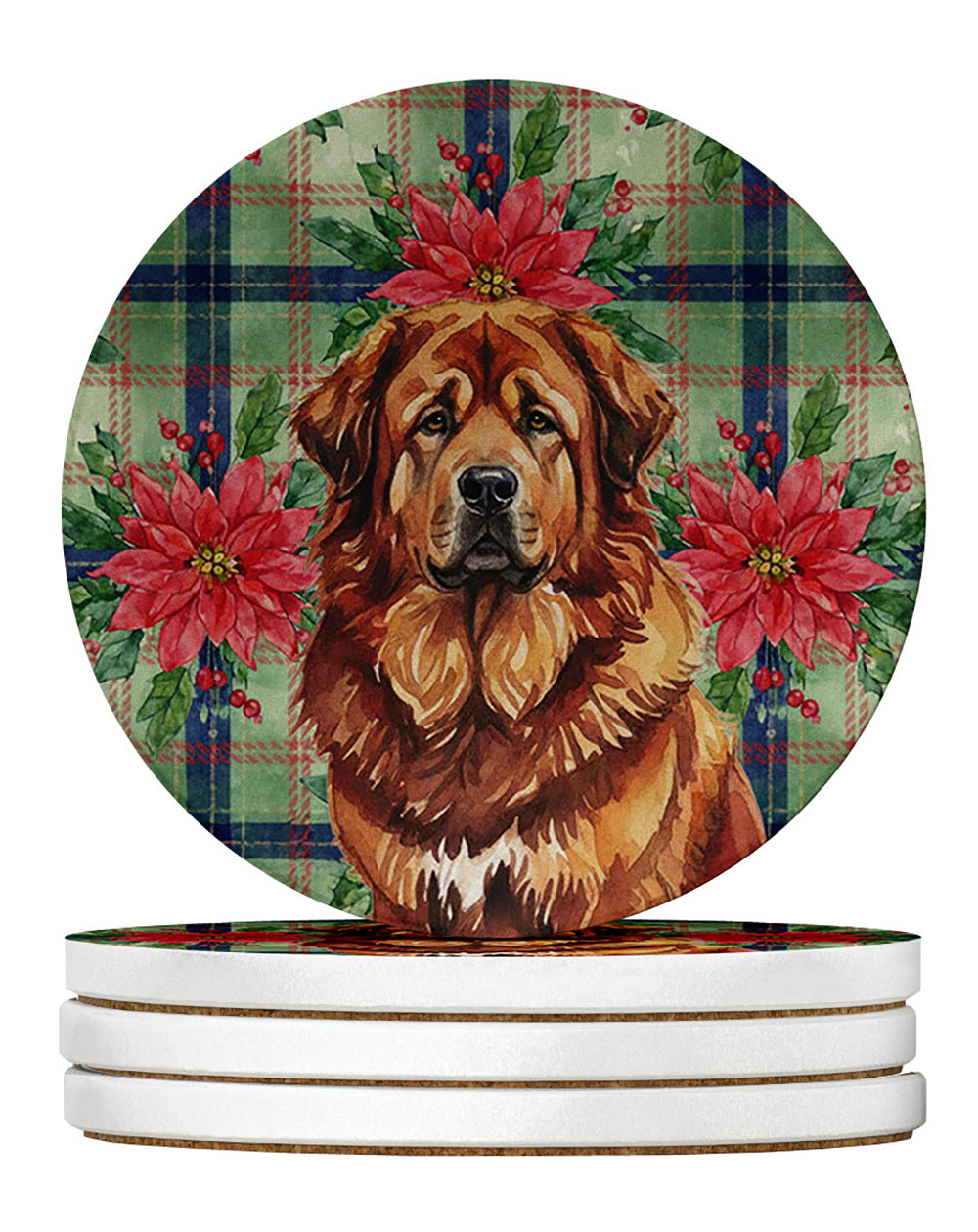 Red Gold Tibetan Mastiff Christmas PoinsettIas Large Sandstone Coasters Pack of 4 Absorbent Round Coasters Decor Gifts for Men or Women, 4 in, Multicolor