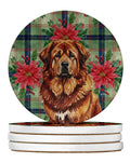 Red Gold Tibetan Mastiff Christmas PoinsettIas Large Sandstone Coasters Pack of 4 Absorbent Round Coasters Decor Gifts for Men or Women, 4 in, Multicolor