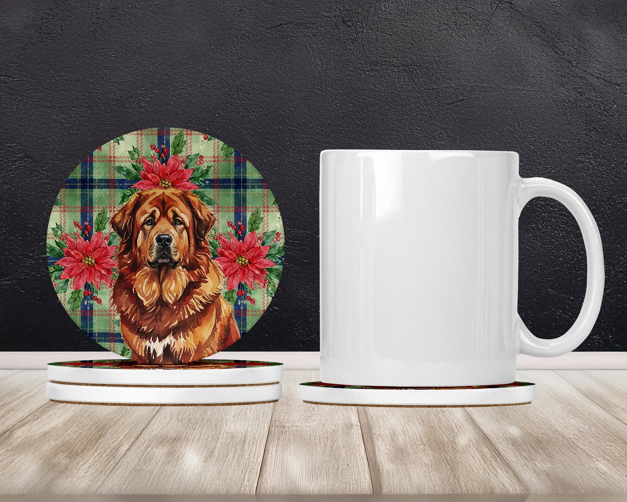 Red Gold Tibetan Mastiff Christmas PoinsettIas Large Sandstone Coasters Pack of 4 Absorbent Round Coasters Decor Gifts for Men or Women, 4 in, Multicolor