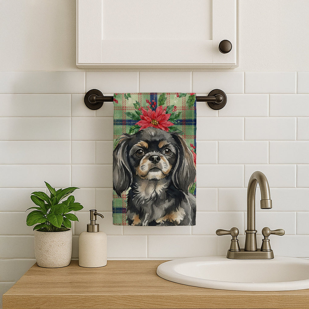 Black and Tan Tibetan Spaniel Christmas PoinsettIas Kitchen Towel Velour Plush Front and Cotton Loop Back Machine Washable