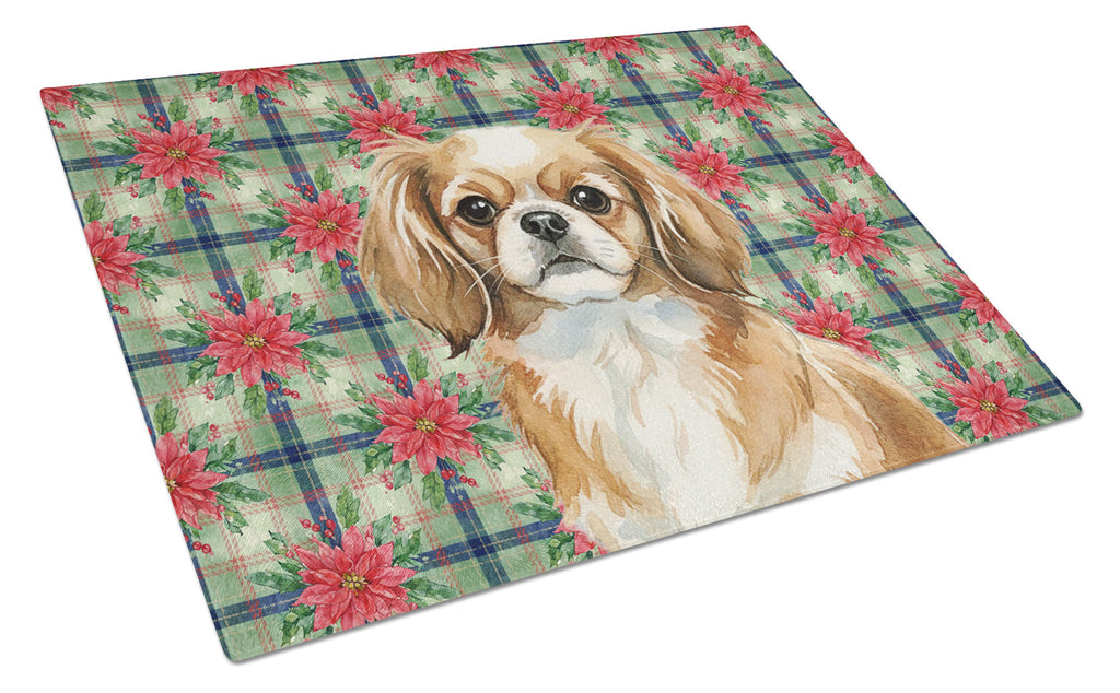 Tibetan Spaniel Christmas PoinsettIas Cutting Board Tempered Glass Kitchen Cutting Surface, Heat Resistant Chopping, Non-Slip Feet, Food Prep & Serving