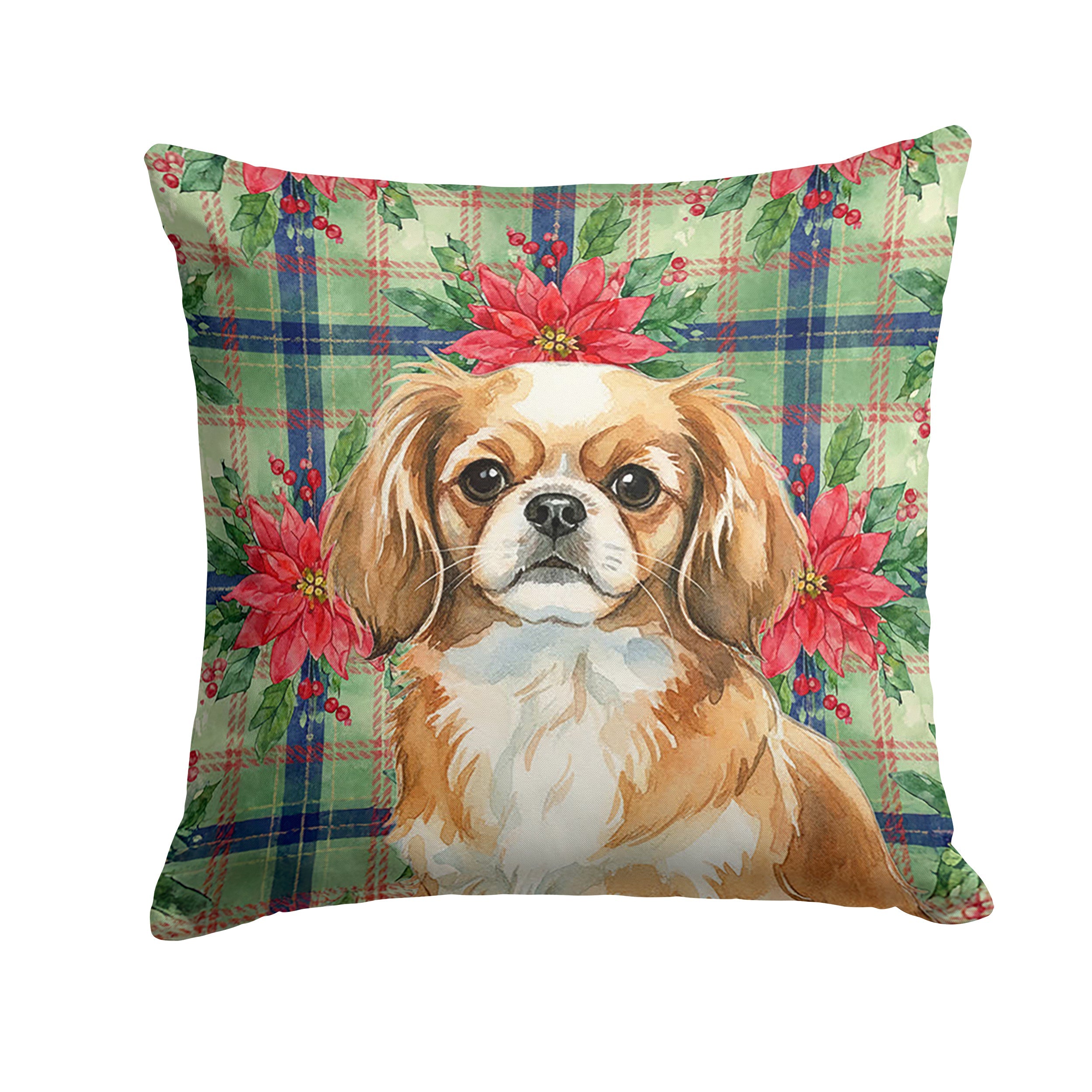 Tibetan Spaniel Christmas PoinsettIas Decorative Throw Pillow 14x14 Indoor Outdoor Accent Cushion, Fabric Cover with Insert for Sofa, Bed, Porch & Living Room