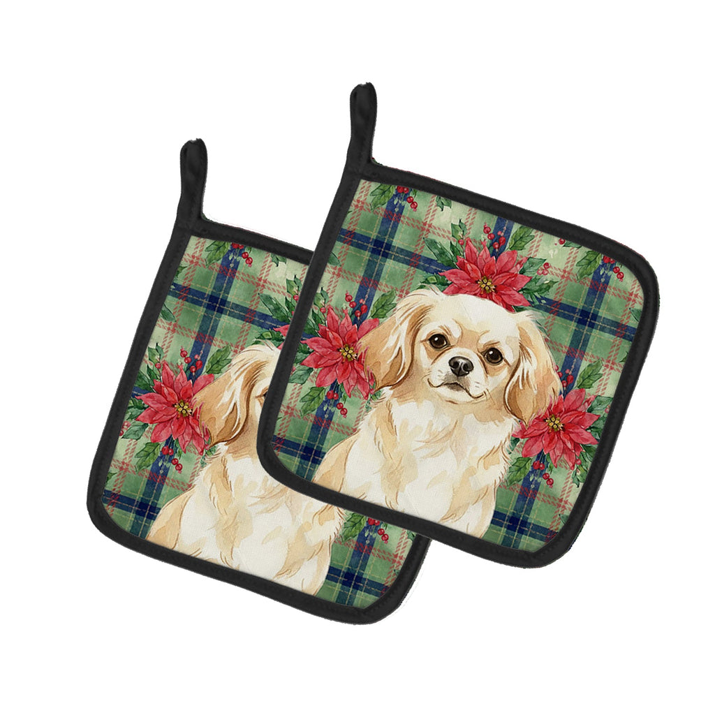 Cream Tibetan Spaniel Christmas PoinsettIas Pot Holder Set of 2 Heat Resistant Quilted Hot Pads 7.5 x 7.5 Inch, Insulated Kitchen Trivets for Cooking & Baking