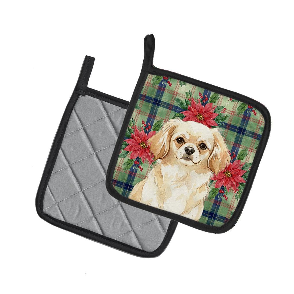Cream Tibetan Spaniel Christmas PoinsettIas Pot Holder Set of 2 Heat Resistant Quilted Hot Pads 7.5 x 7.5 Inch, Insulated Kitchen Trivets for Cooking & Baking
