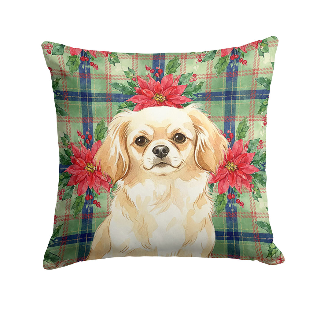 Cream Tibetan Spaniel Christmas PoinsettIas Decorative Throw Pillow 18x18 Indoor Outdoor Accent Cushion, Fabric Cover with Insert for Sofa, Bed, Porch & Living Room