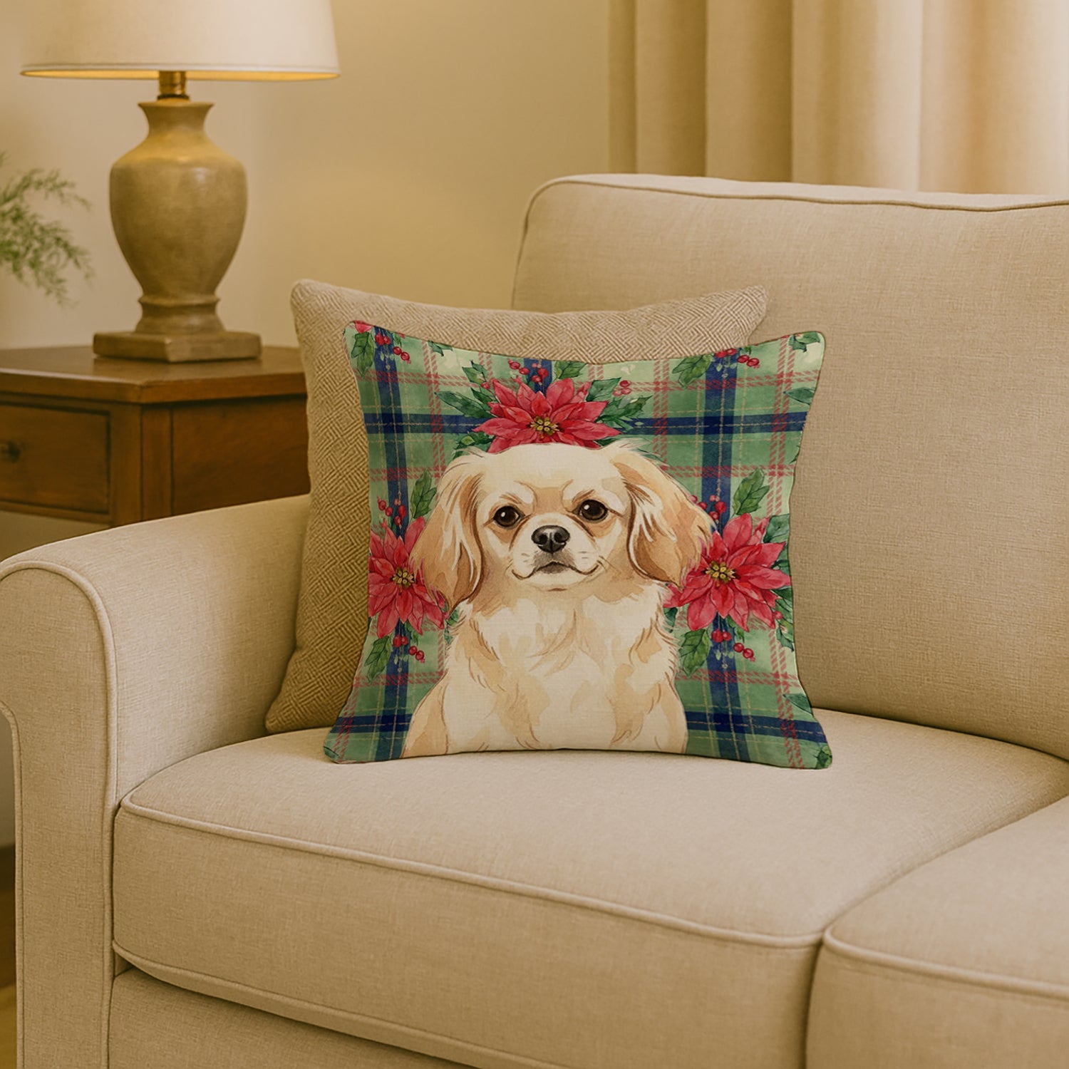 Cream Tibetan Spaniel Christmas PoinsettIas Decorative Throw Pillow 18x18 Indoor Outdoor Accent Cushion, Fabric Cover with Insert for Sofa, Bed, Porch & Living Room