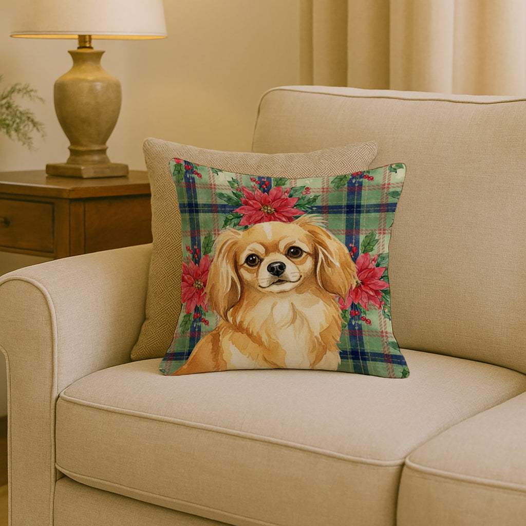Gold Tibetan Spaniel Christmas PoinsettIas Decorative Throw Pillow 18x18 Indoor Outdoor Accent Cushion, Fabric Cover with Insert for Sofa, Bed, Porch & Living Room