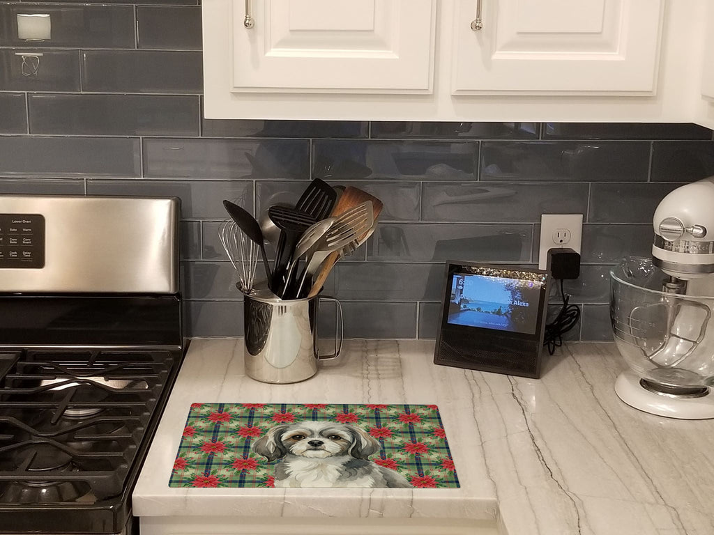 Grey and White Tibetan Spaniel Christmas PoinsettIas Cutting Board Tempered Glass Kitchen Cutting Surface, Heat Resistant Chopping, Non-Slip Feet, Food Prep & Serving
