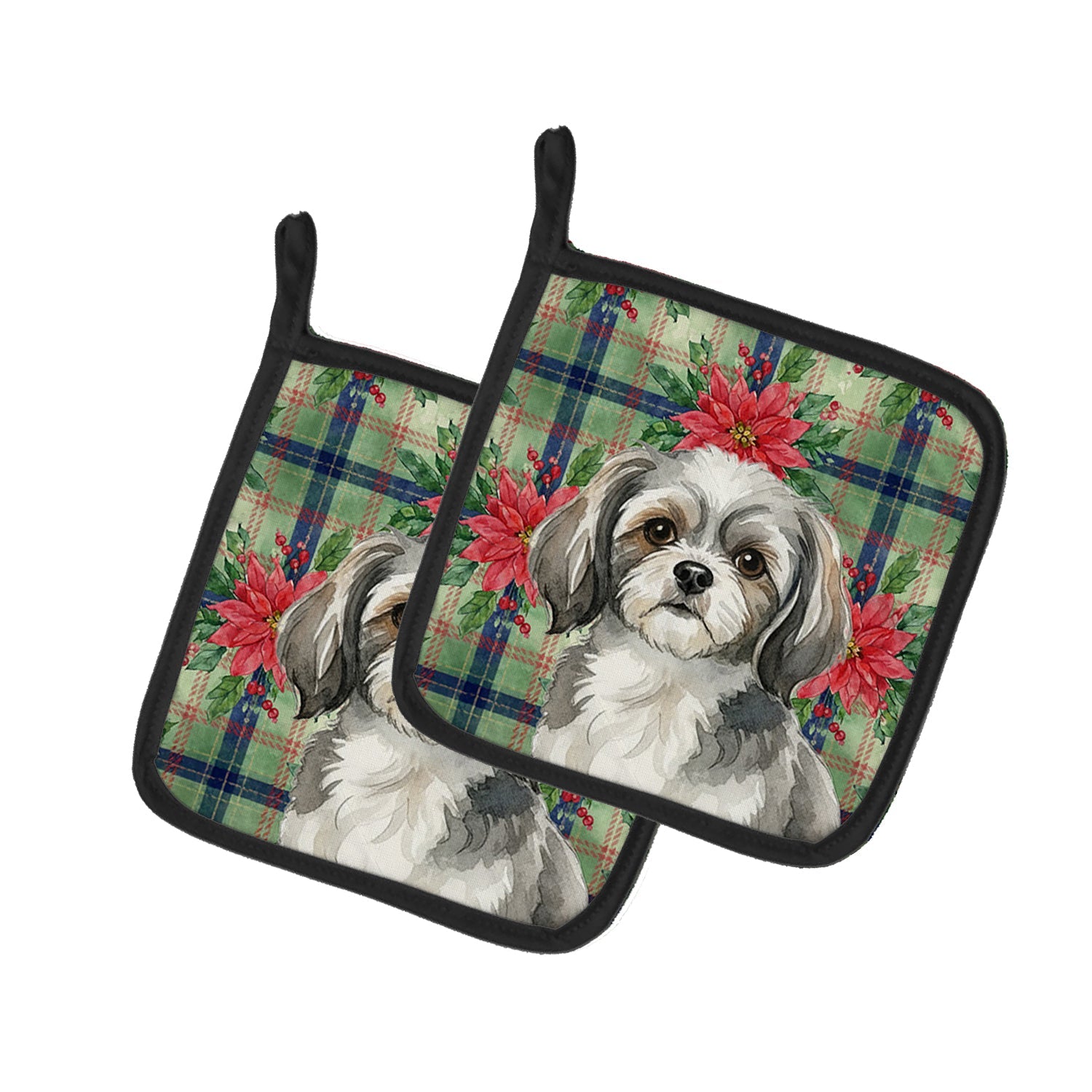 Grey and White Tibetan Spaniel Christmas PoinsettIas Pot Holder Set of 2 Heat Resistant Quilted Hot Pads 7.5 x 7.5 Inch, Insulated Kitchen Trivets for Cooking & Baking