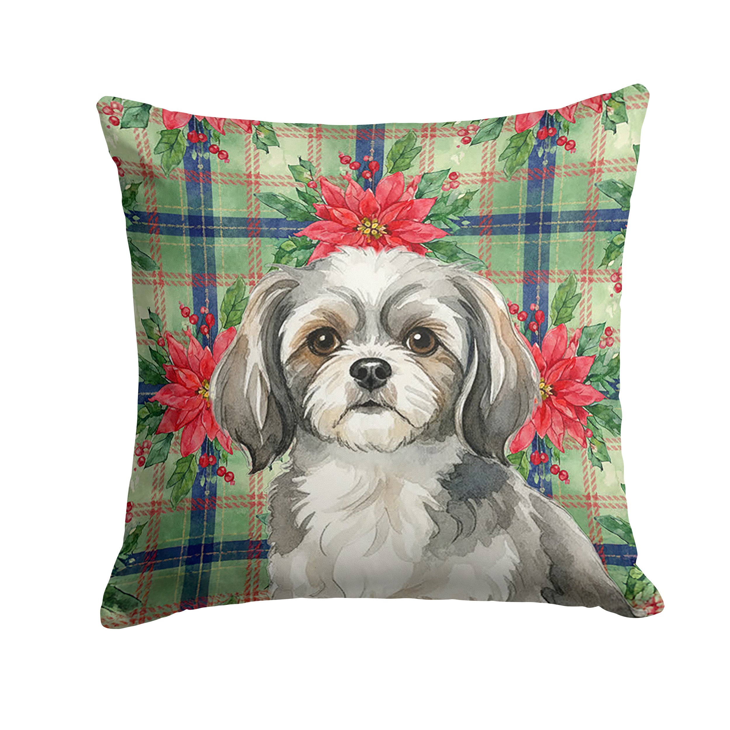 Grey and White Tibetan Spaniel Christmas PoinsettIas Decorative Throw Pillow 14x14 Indoor Outdoor Accent Cushion, Fabric Cover with Insert for Sofa, Bed, Porch & Living Room