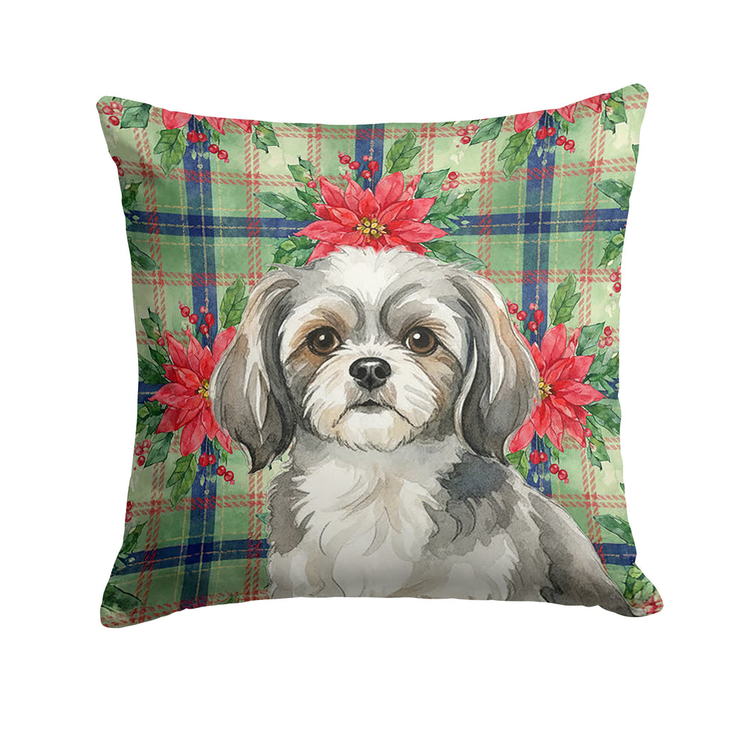 Grey and White Tibetan Spaniel Christmas PoinsettIas Decorative Throw Pillow 18x18 Indoor Outdoor Accent Cushion, Fabric Cover with Insert for Sofa, Bed, Porch & Living Room