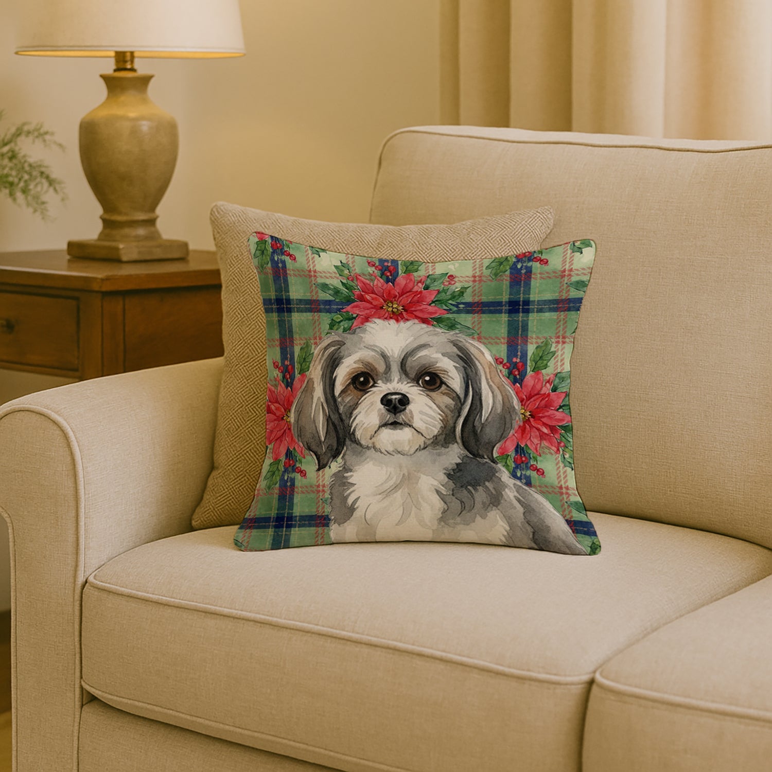 Grey and White Tibetan Spaniel Christmas PoinsettIas Decorative Throw Pillow 18x18 Indoor Outdoor Accent Cushion, Fabric Cover with Insert for Sofa, Bed, Porch & Living Room