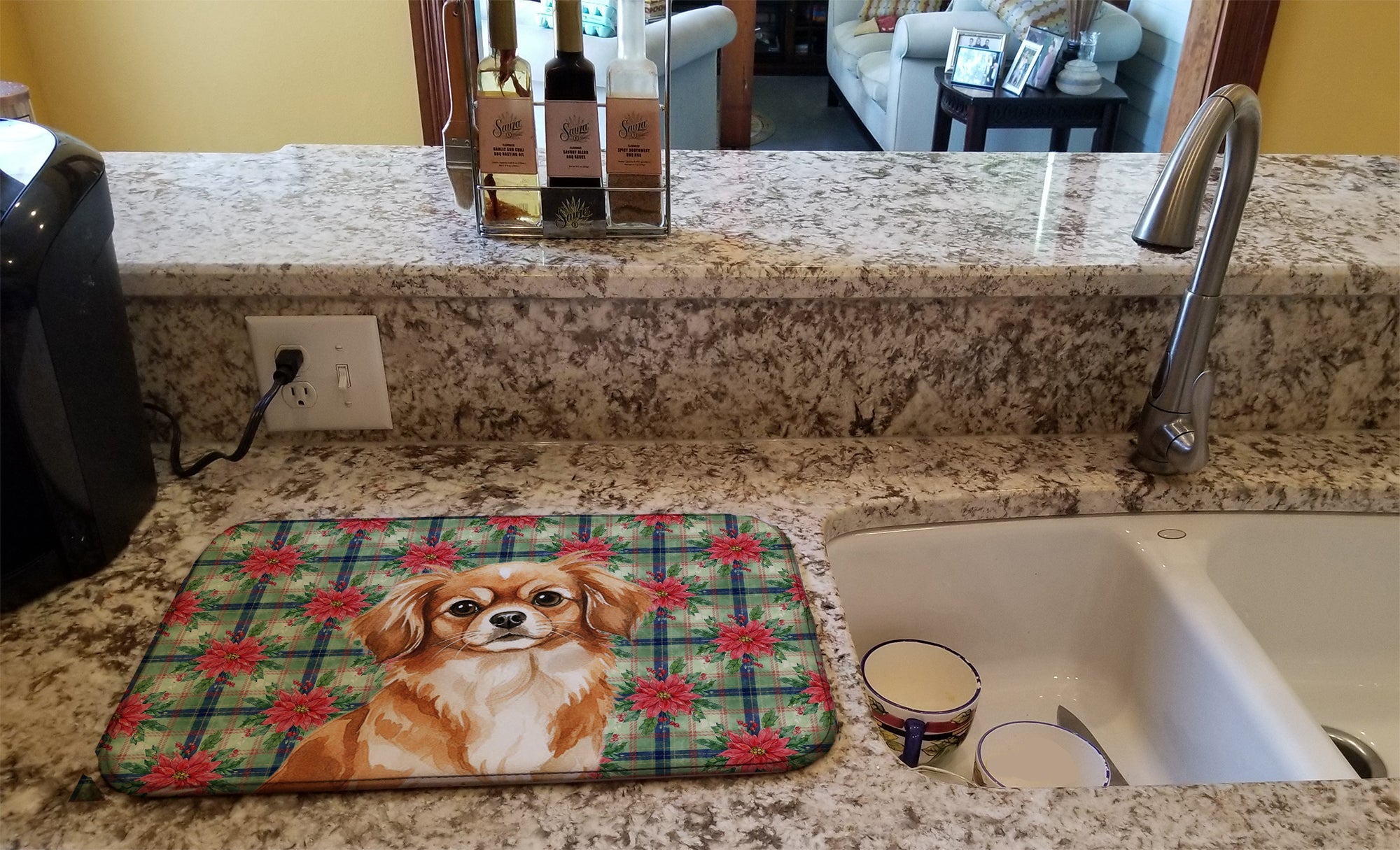 Red Tibetan Spaniel Christmas PoinsettIas Dish Drying Mat Absorbent Dish Drying Mat Pad for Kitchen Counter Dish Drainer Mat for Countertop, 14 x 21", Multicolor