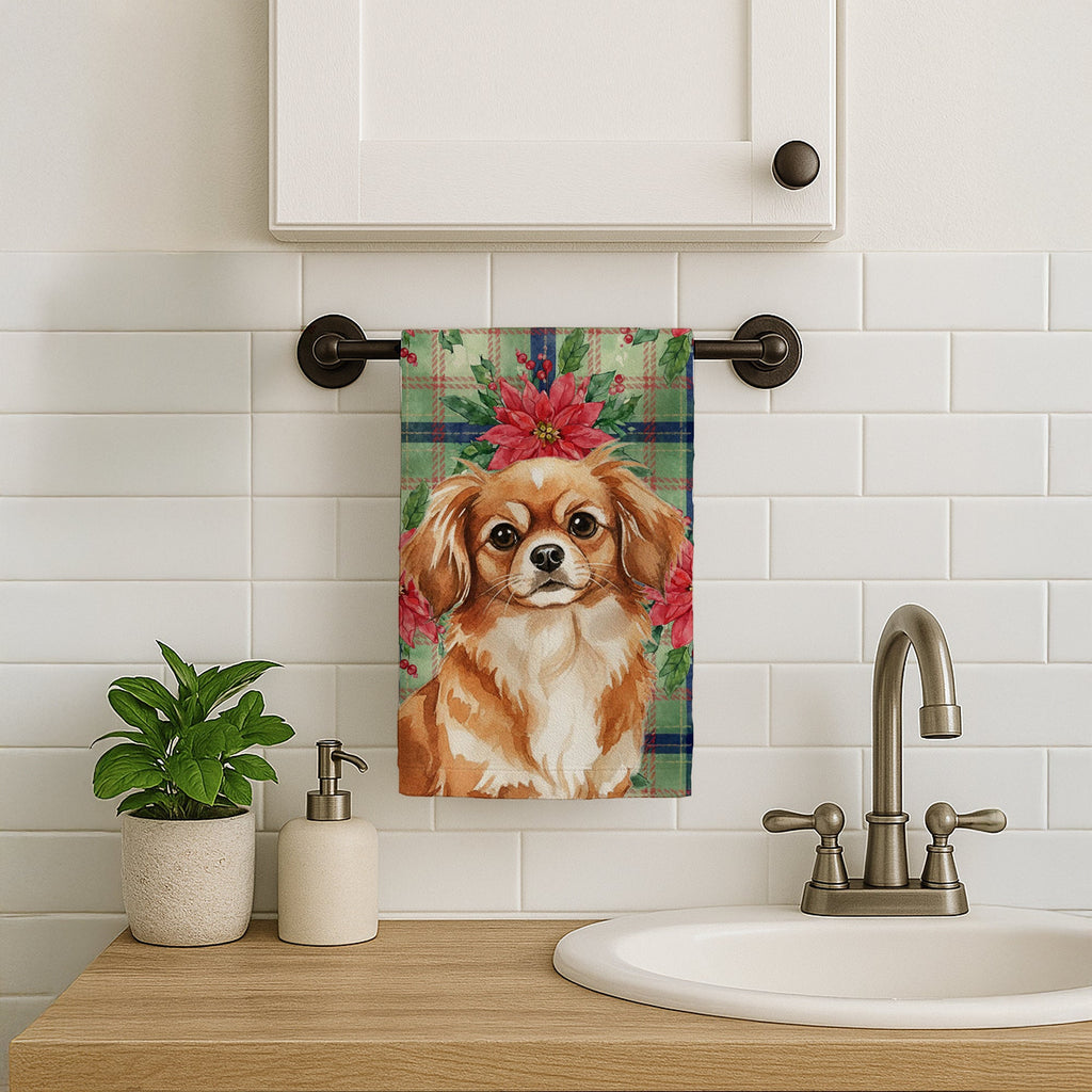 Red Tibetan Spaniel Christmas PoinsettIas Kitchen Towel Velour Plush Front and Cotton Loop Back Machine Washable