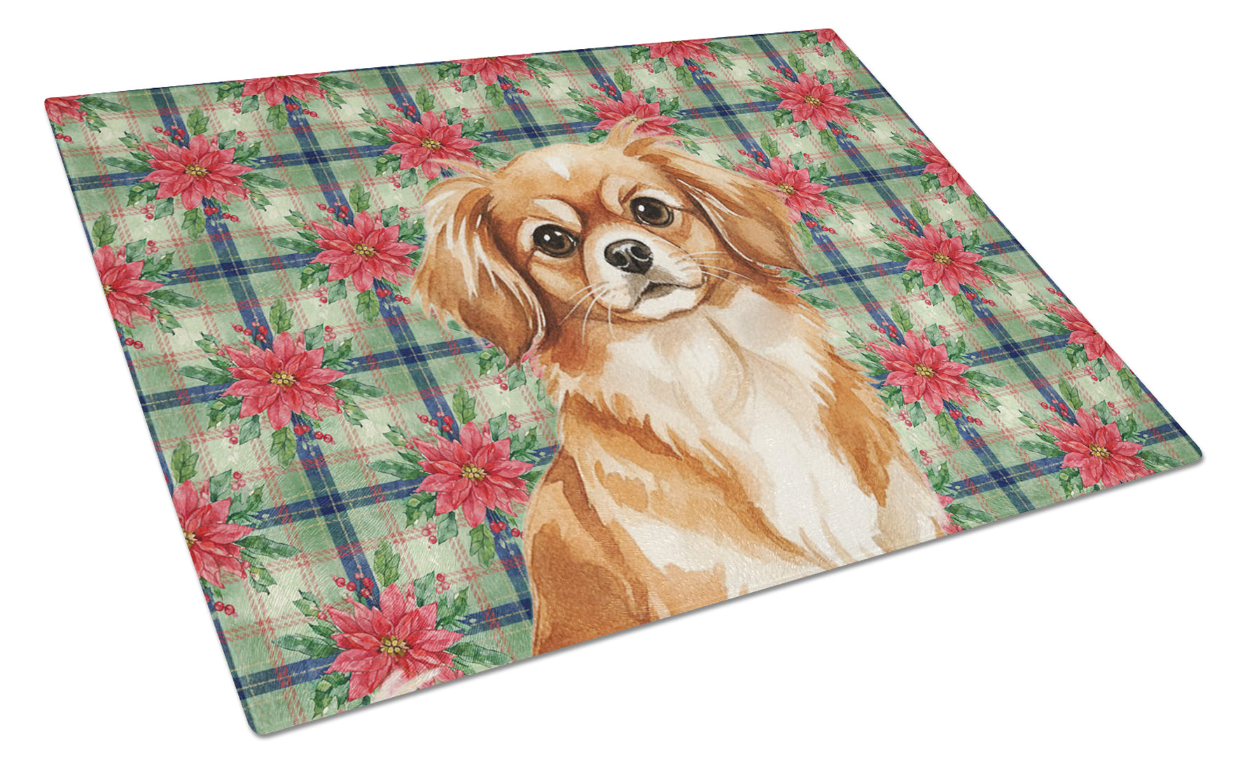 Red Tibetan Spaniel Christmas PoinsettIas Cutting Board Tempered Glass Kitchen Cutting Surface, Heat Resistant Chopping, Non-Slip Feet, Food Prep & Serving