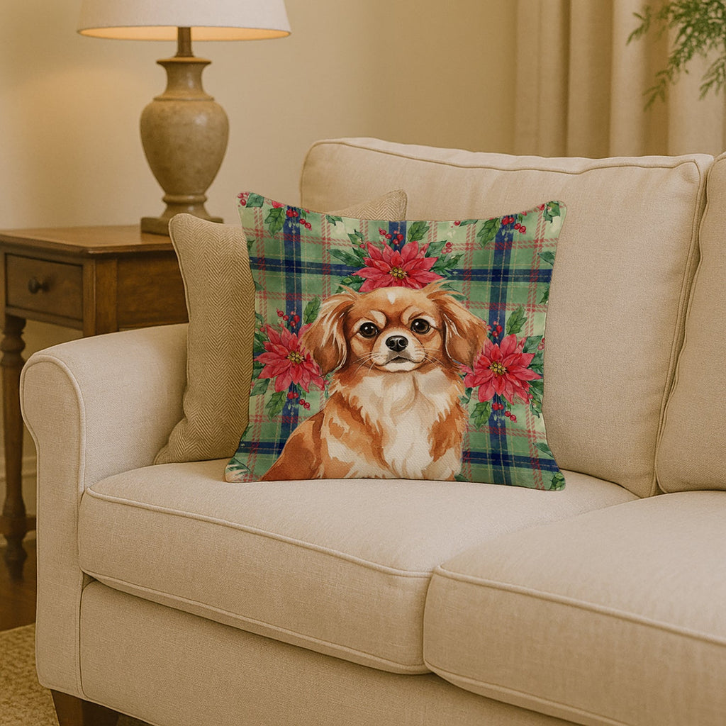 Red Tibetan Spaniel Christmas PoinsettIas Decorative Throw Pillow 14x14 Indoor Outdoor Accent Cushion, Fabric Cover with Insert for Sofa, Bed, Porch & Living Room