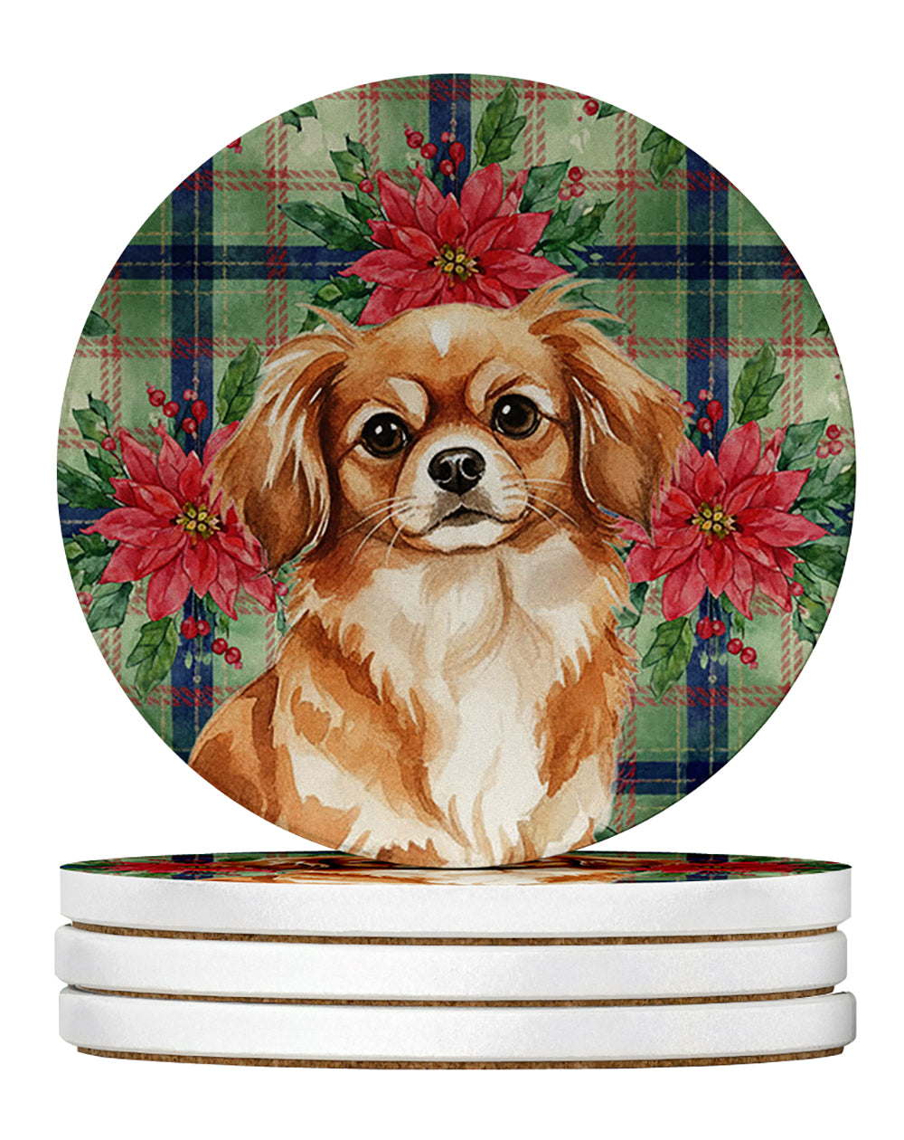 Red Tibetan Spaniel Christmas PoinsettIas Large Sandstone Coasters Pack of 4 Absorbent Round Coasters Decor Gifts for Men or Women, 4 in, Multicolor