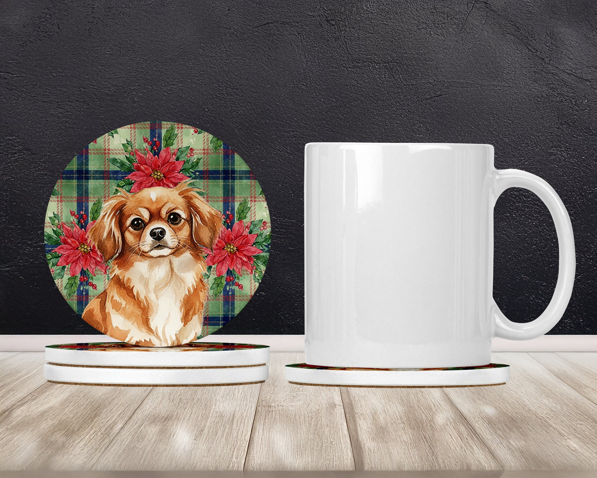 Red Tibetan Spaniel Christmas PoinsettIas Large Sandstone Coasters Pack of 4 Absorbent Round Coasters Decor Gifts for Men or Women, 4 in, Multicolor