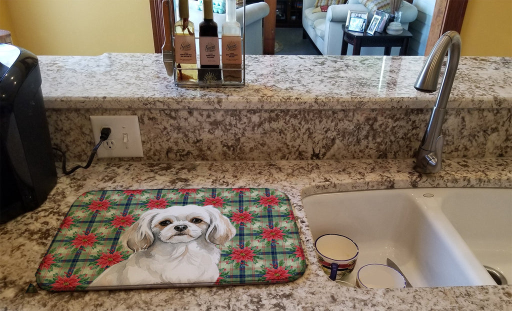 White Tibetan Spaniel Christmas PoinsettIas Dish Drying Mat Absorbent Dish Drying Mat Pad for Kitchen Counter Dish Drainer Mat for Countertop, 14 x 21", Multicolor