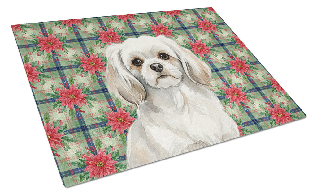 White Tibetan Spaniel Christmas PoinsettIas Cutting Board Tempered Glass Kitchen Cutting Surface, Heat Resistant Chopping, Non-Slip Feet, Food Prep & Serving