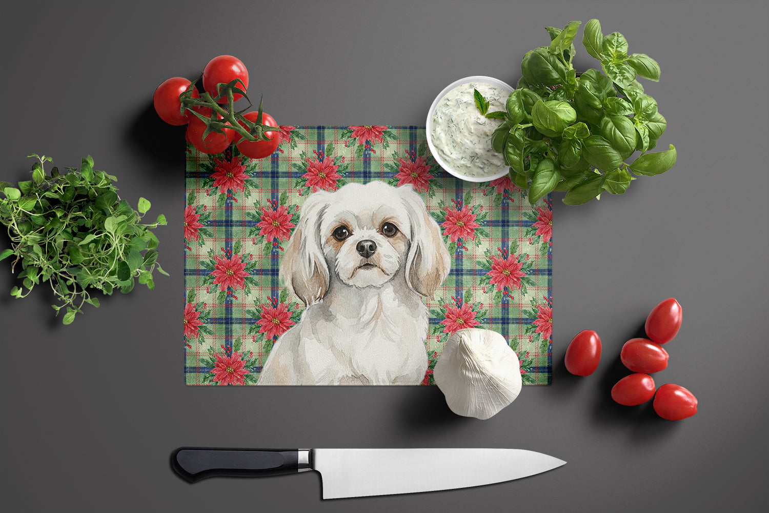White Tibetan Spaniel Christmas PoinsettIas Cutting Board Tempered Glass Kitchen Cutting Surface, Heat Resistant Chopping, Non-Slip Feet, Food Prep & Serving