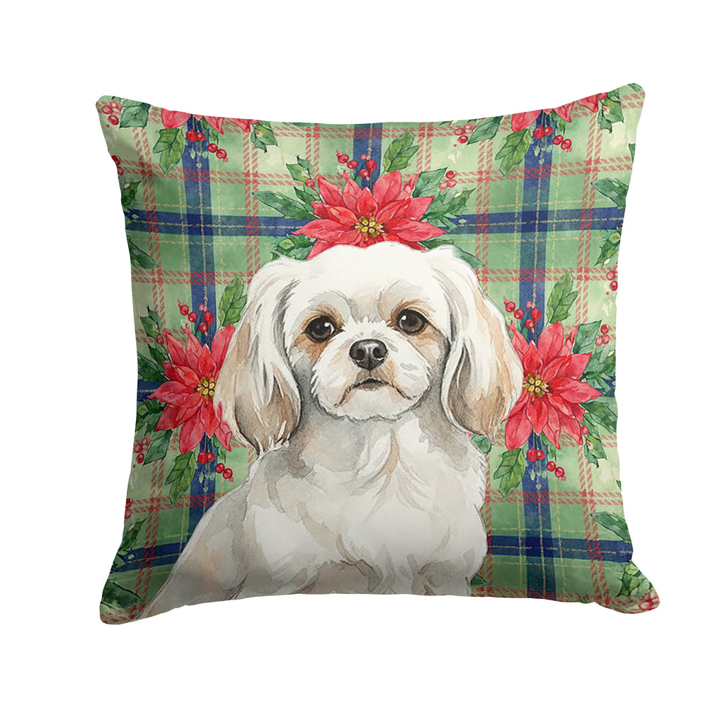 White Tibetan Spaniel Christmas PoinsettIas Decorative Throw Pillow 18x18 Indoor Outdoor Accent Cushion, Fabric Cover with Insert for Sofa, Bed, Porch & Living Room