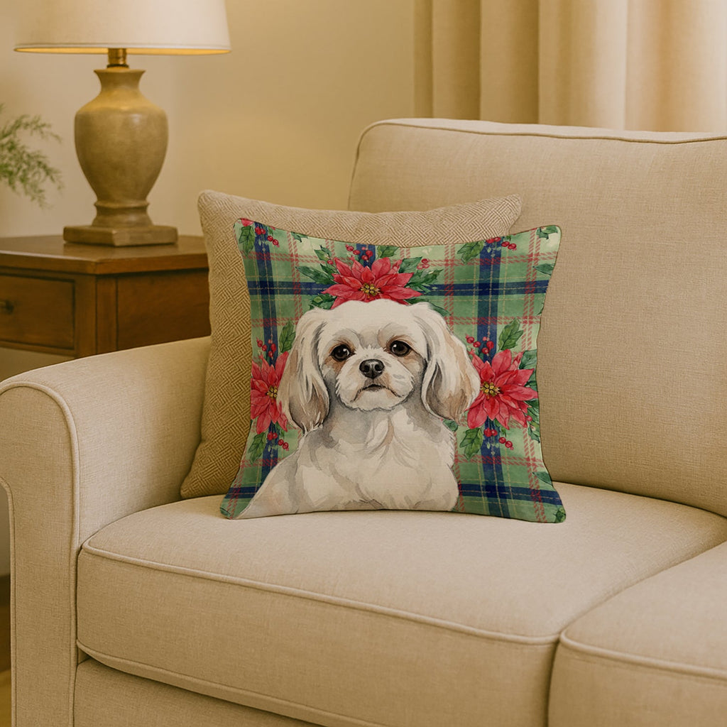 White Tibetan Spaniel Christmas PoinsettIas Decorative Throw Pillow 18x18 Indoor Outdoor Accent Cushion, Fabric Cover with Insert for Sofa, Bed, Porch & Living Room