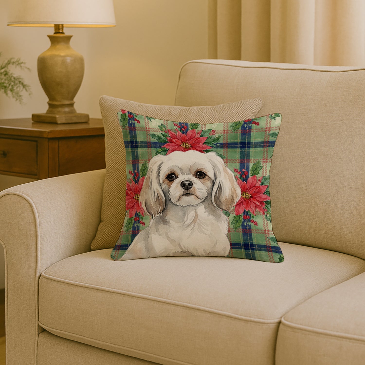 White Tibetan Spaniel Christmas PoinsettIas Decorative Throw Pillow 18x18 Indoor Outdoor Accent Cushion, Fabric Cover with Insert for Sofa, Bed, Porch & Living Room