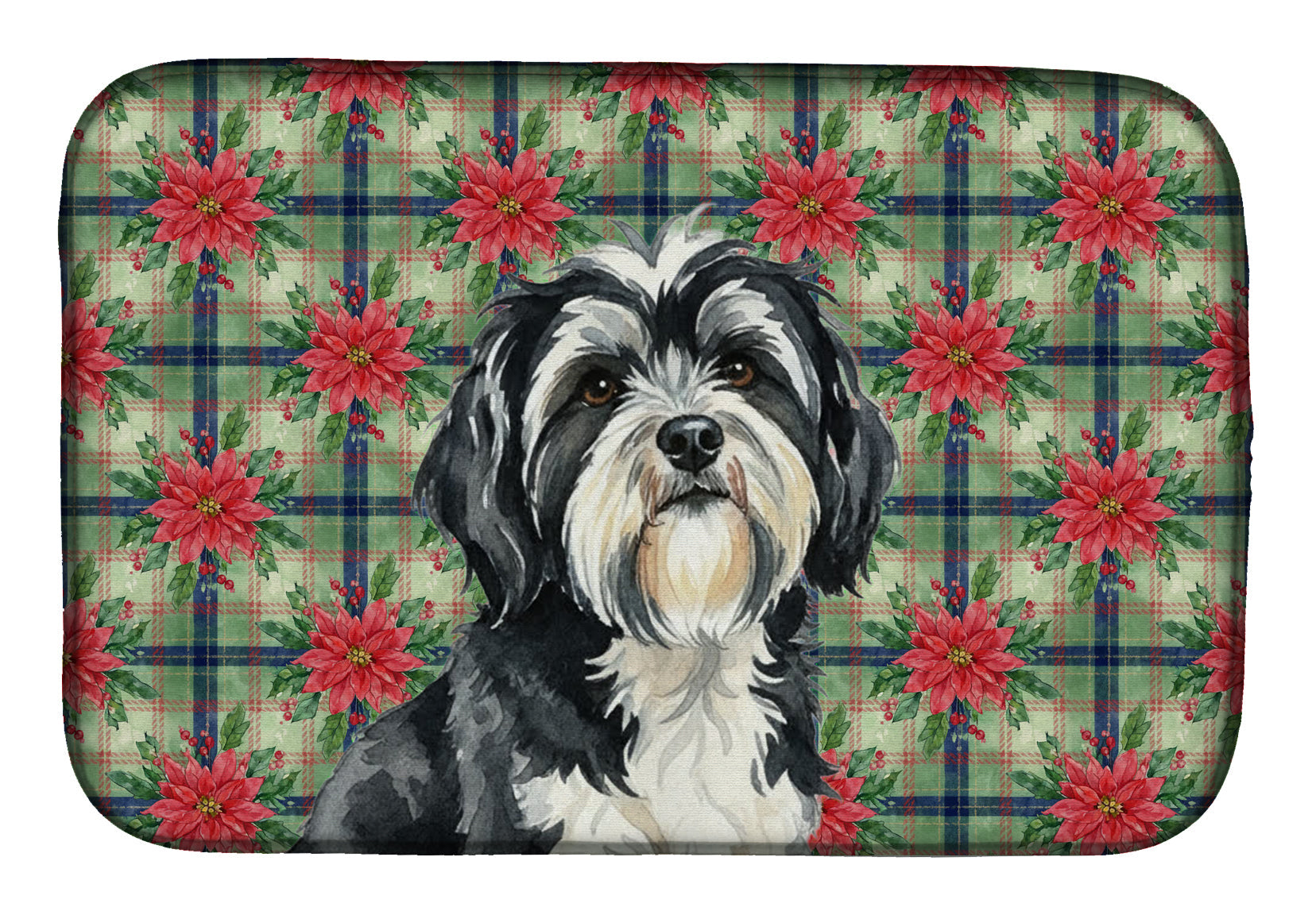 Black and White Tibetan Terrier Christmas PoinsettIas Dish Drying Mat Absorbent Dish Drying Mat Pad for Kitchen Counter Dish Drainer Mat for Countertop, 14 x 21", Multicolor