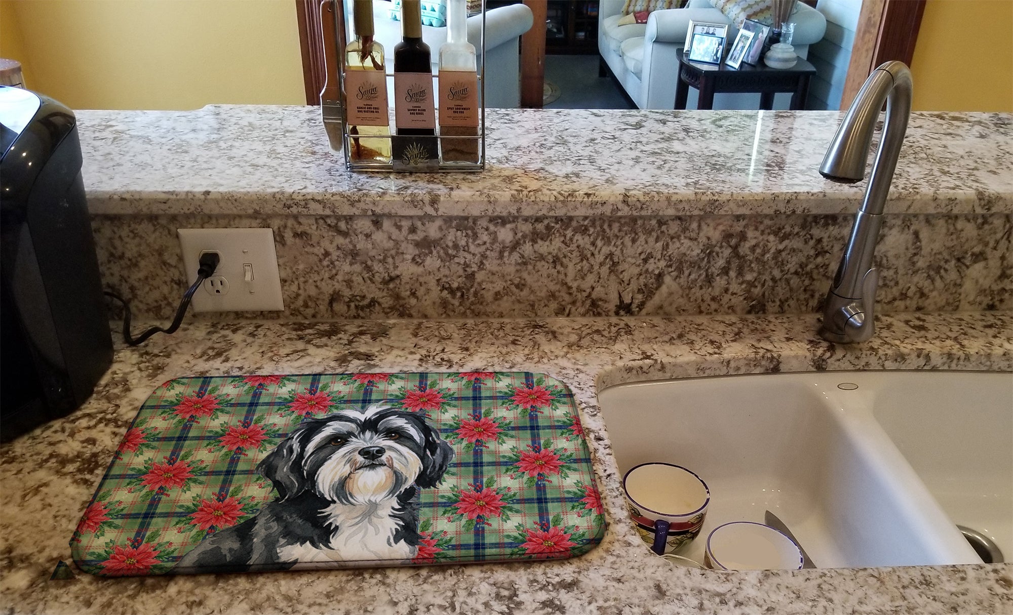 Black and White Tibetan Terrier Christmas PoinsettIas Dish Drying Mat Absorbent Dish Drying Mat Pad for Kitchen Counter Dish Drainer Mat for Countertop, 14 x 21", Multicolor