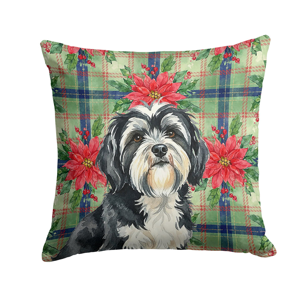 Black and White Tibetan Terrier Christmas PoinsettIas Decorative Throw Pillow 14x14 Indoor Outdoor Accent Cushion, Fabric Cover with Insert for Sofa, Bed, Porch & Living Room