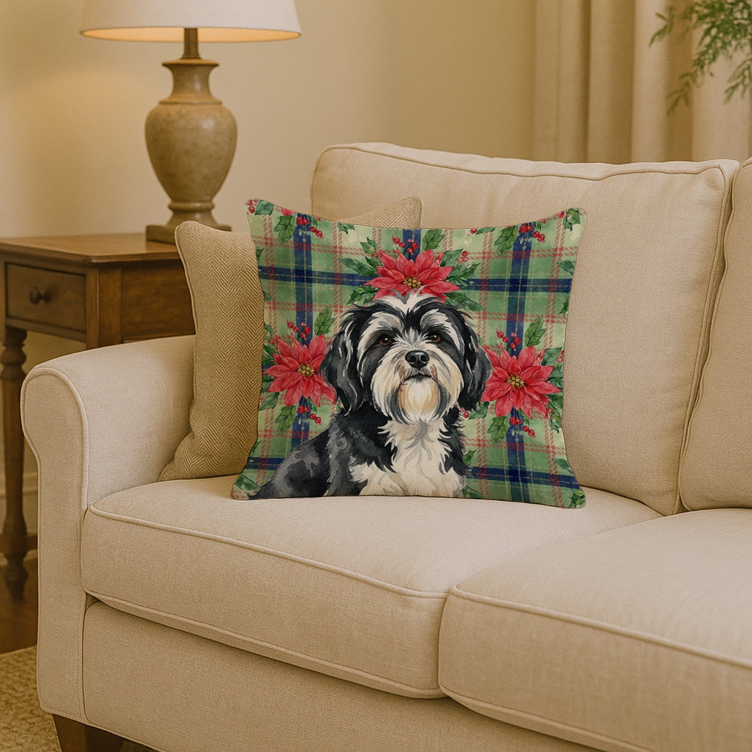 Black and White Tibetan Terrier Christmas PoinsettIas Decorative Throw Pillow 14x14 Indoor Outdoor Accent Cushion, Fabric Cover with Insert for Sofa, Bed, Porch & Living Room