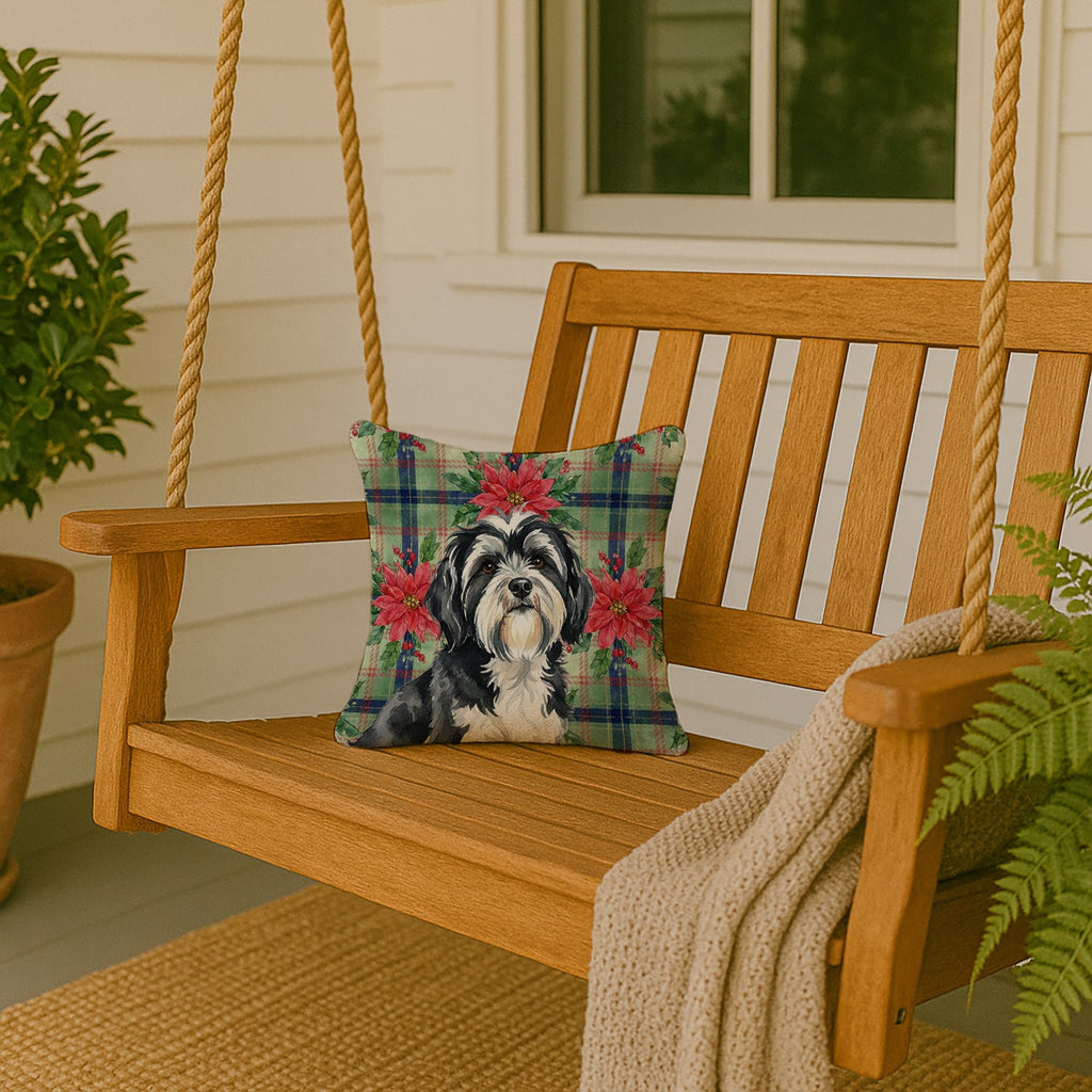Black and White Tibetan Terrier Christmas PoinsettIas Decorative Throw Pillow 14x14 Indoor Outdoor Accent Cushion, Fabric Cover with Insert for Sofa, Bed, Porch & Living Room