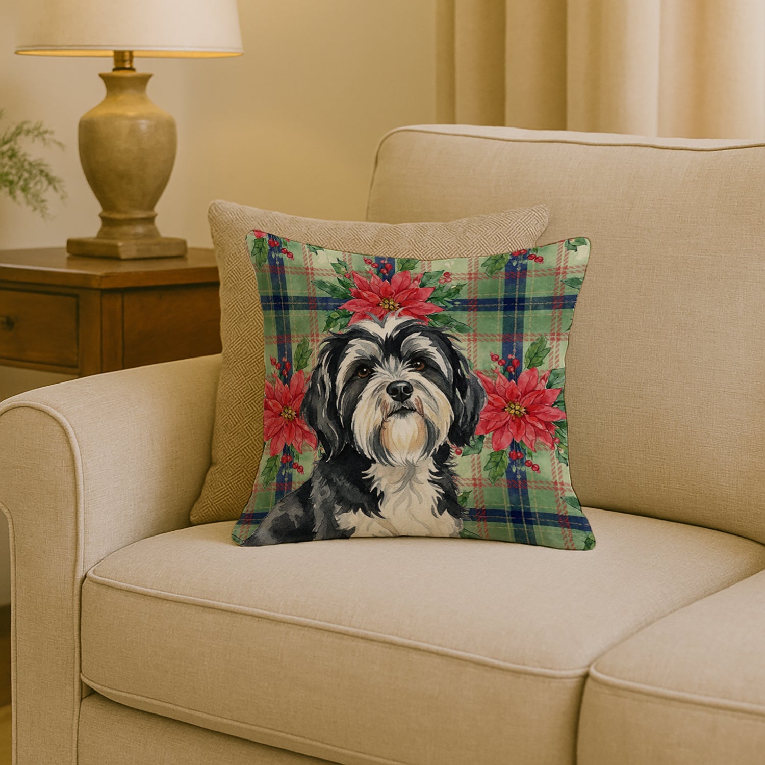 Black and White Tibetan Terrier Christmas PoinsettIas Decorative Throw Pillow 18x18 Indoor Outdoor Accent Cushion, Fabric Cover with Insert for Sofa, Bed, Porch & Living Room